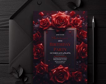 Editable Red and Black Birthday Invitation, Roses Invitation, Red Roses Invite, Printable Invite, Digital Download Invite, Canva Design