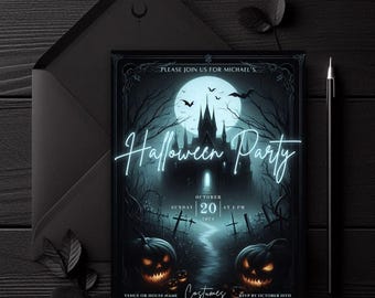 Editable Haunted Halloween Party Invite, Haunted House Invitation, Jack o Lantern Bats, 5x7 Printable Canva, Spooky Evite, Halloween Event,