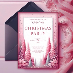 Uitnodiging kerstfeest van bewerkbare elegante roze, roze en witte kerstbomen nodigen uit, klantgerichte afdrukbare canvassjabloon, roze vakantie-evenement.