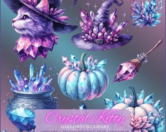 Crystal Kitty Halloween Clipart, Watercolor cats, Witchy Clipart Witch Clipart, Crystals Clipart, Pumpkin Clipart, Commercial use clip art