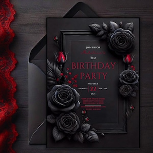 Editable Elegant Red and Black Rose Gothic Invitation, Printable Black Red Floral Birthday Party Invite, 5x7 Digital Dark Moody Event Evite.