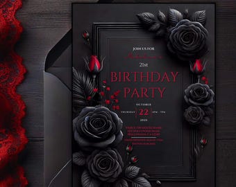 Editable Elegant Red and Black Rose Gothic Invitation, Printable Black Red Floral Birthday Party Invite, 5x7 Digital Dark Moody Event Evite.