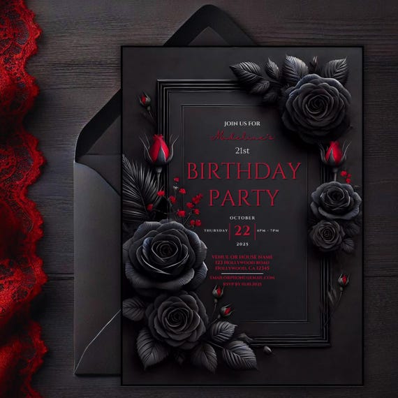 Editable Elegant Red and Black Rose Gothic Invitation, Printable Black Red Floral Birthday Party Invite, 5x7 Digital Dark Moody Event Evite.