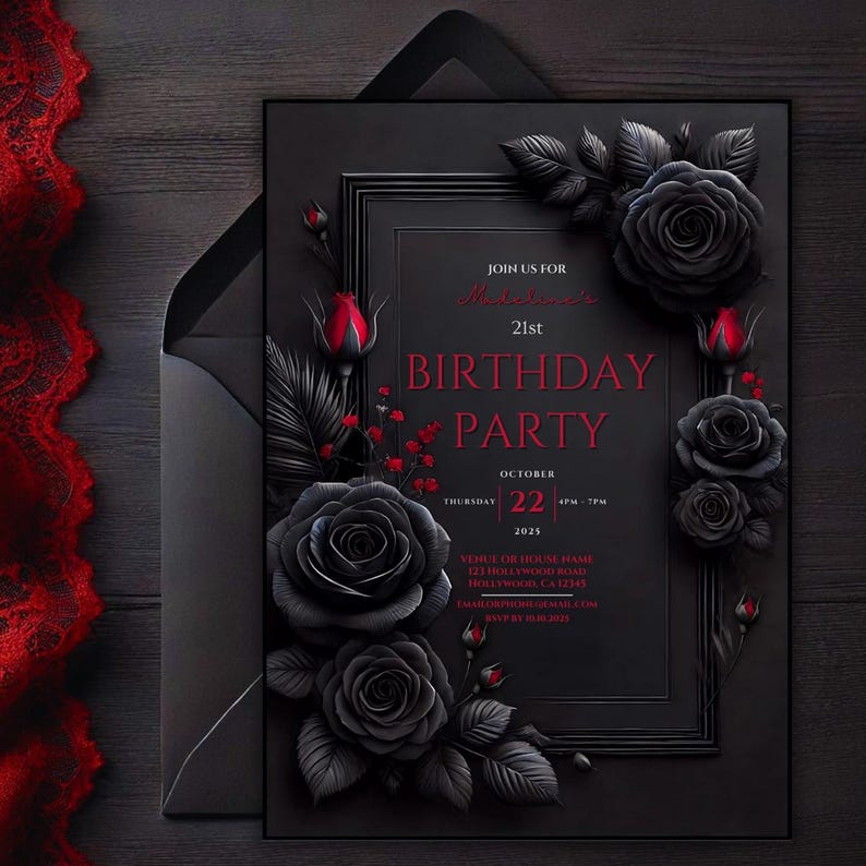Romantic Gothic Roses Invitation | Dark Floral Birthday Invite | Customizable 5x7 Digital Download | Dark Fantasy Party Invite | Black and Red Birthday Party | Valentine's Birthday. Printable Black Red Floral Birthday Party, 5x7 Dark Moody Event.