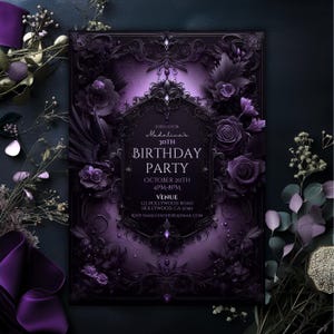 Convite floral gótico preto e roxo, aniversário gótico, personalizável, convite de aniversário, Halloween, fantasia sombria, download digital do Canva,