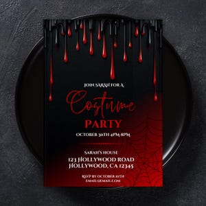 Bewerkbare uitnodiging voor feest Halloween-kostuum | Ontwerp griezelig druipend bloed, afdrukbare digitale uitnodiging, vampieruitnodiging | Bloedige uitnodiging