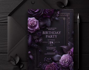 Black and Purple Floral Invitation, Gothic Birthday, Customizable, Elegant Birthday Invite, Dark Moody, Canva Digital Download, Roses Invite
