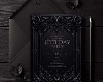 Dark Gothic Birthday Invitation, Black Party Invite, All Black Invitation, Canva Invite, Elegant Birthday Invite, Editable Invitation, Goth,