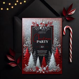 Bewerkbare sprankelende kerstfeestuitnodiging, afdrukbare 5 x 7 kerstbomen uitnodigen, digitale Canva Evite, elegante aanpasbare vakantieuitnodiging