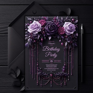 Invitación de cumpleaños elegante y oscura con diseño floral editable / rosas góticas moradas y rosas imprimibles / invitación de fantasía con cuentas / plantilla digital de 5 x 7