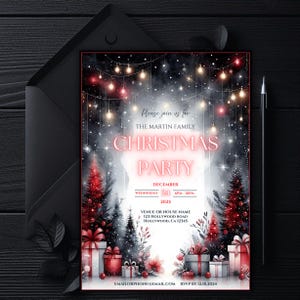 Op de afbeelding: Kerstfeestuitnodiging met een feestelijk ontwerp. De uitnodiging bevat een aquarelillustratie met rode en witte cadeaus, kerstbomen en lichtslingers. De tekst luidt "Christmas Party" en bevat evenementdetails.