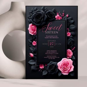 Sweet 16 invitation, Sweet sixteen party invite, Editable Sweet 16 invitation, Black pink birthday evite, Floral Sweet 16, Canva template, Digital download invitation, 16th birthday invite, Customizable birthday, quinceañera, quinceanera invite, goth