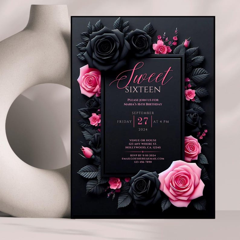 Sweet 16 invitation, Sweet sixteen party invite, Editable Sweet 16 invitation, Black pink birthday evite, Floral Sweet 16, Canva template, Digital download invitation, 16th birthday invite, Customizable birthday, quinceañera, quinceanera invite, goth
