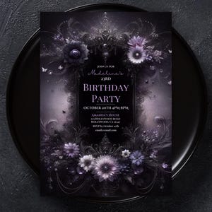 Black and Purple Gothic Floral Invitation, Gothic Birthday, Customizable, Birthday Invite, Halloween, Dark Fantasy, Canva Digital Download,