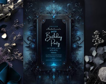 May include: A dark blue and black birthday party invitation with a decorative frame and glowing blue accents. The invitation reads "Join us for Madeline's 30th Birthday Party" with the date, time, and location.