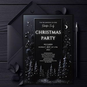 Bewerkbare donkere feestelijke kerstfeestuitnodiging, zwarte elegante gotische kerstuitnodiging, afdrukbare aanpasbare digitale download, kerstbomen