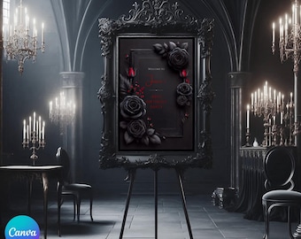 Printable Elegant Red and Black Rose Gothic Sign, Editable Romantic Floral Birthday Party Poster, 18x24 24x36 Digital Dark Moody Event Sign