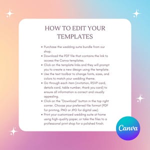 May include: A white and pink gradient background with text that reads "HOW TO EDIT YOUR TEMPLATES." Instructions are listed below the title. A Canva logo is in the bottom right corner. The instructions are for editing wedding templates.