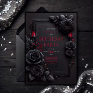 Romantic Gothic Roses Invitation | Dark Floral Birthday Invite | Customizable 5x7 Digital Download | Dark Fantasy Party Invite | Black and Red Birthday Party | Valentine's Birthday. Printable Black Red Floral Birthday Party, 5x7 Dark Moody Event.