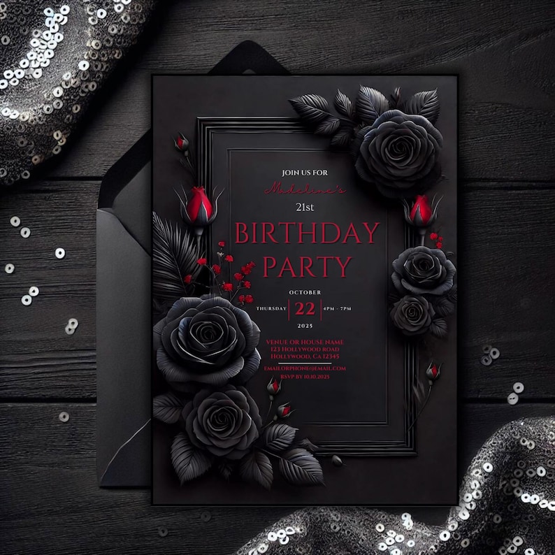 Romantic Gothic Roses Invitation | Dark Floral Birthday Invite | Customizable 5x7 Digital Download | Dark Fantasy Party Invite | Black and Red Birthday Party | Valentine's Birthday. Printable Black Red Floral Birthday Party, 5x7 Dark Moody Event.