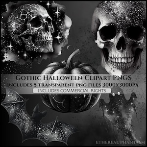 Gothic Halloween Clipart, Black Skulls Clip Art, Watercolor PNGS, 3000x3000 px Hi-Res Digital Scrapbooking, Commercial Use, Spooky Witchy
