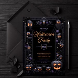 Griezelige uitnodiging voor Halloween-feest | Spoken en pompoenen | Bewerkbare canvassjabloon | Pumpkins and Ghosts Invite, Dark Haunted Halloween Evite