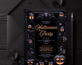 Puede incluir: Una invitación a una fiesta de Halloween negra y morada con un sobre negro. La invitación presenta un diseño espeluznante con fantasmas, calabazas y murciélagos. El texto dice "Por favor, únase a nosotros para la fiesta de Halloween de María, domingo 20 de octubre a las 4 PM, Lugar o nombre de la casa 123 Any Where St. Hollywood, CA. 12345, RSVP antes del 16/10/2024, EmailGoesHere@email.com, 123-456-7890."