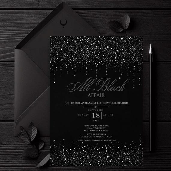 Editable All Black Affair Invitation, All Black Glitter Invite, Formal Attire, Elegant Birthday, Black Party Evite, Black Tie Invitation - Etsy Editable All Black Affair Invitation, All Black Glitter Invite, Formal Attire, Elegant Birthday, Black Party Evite, Black Tie Invitation - Etsy