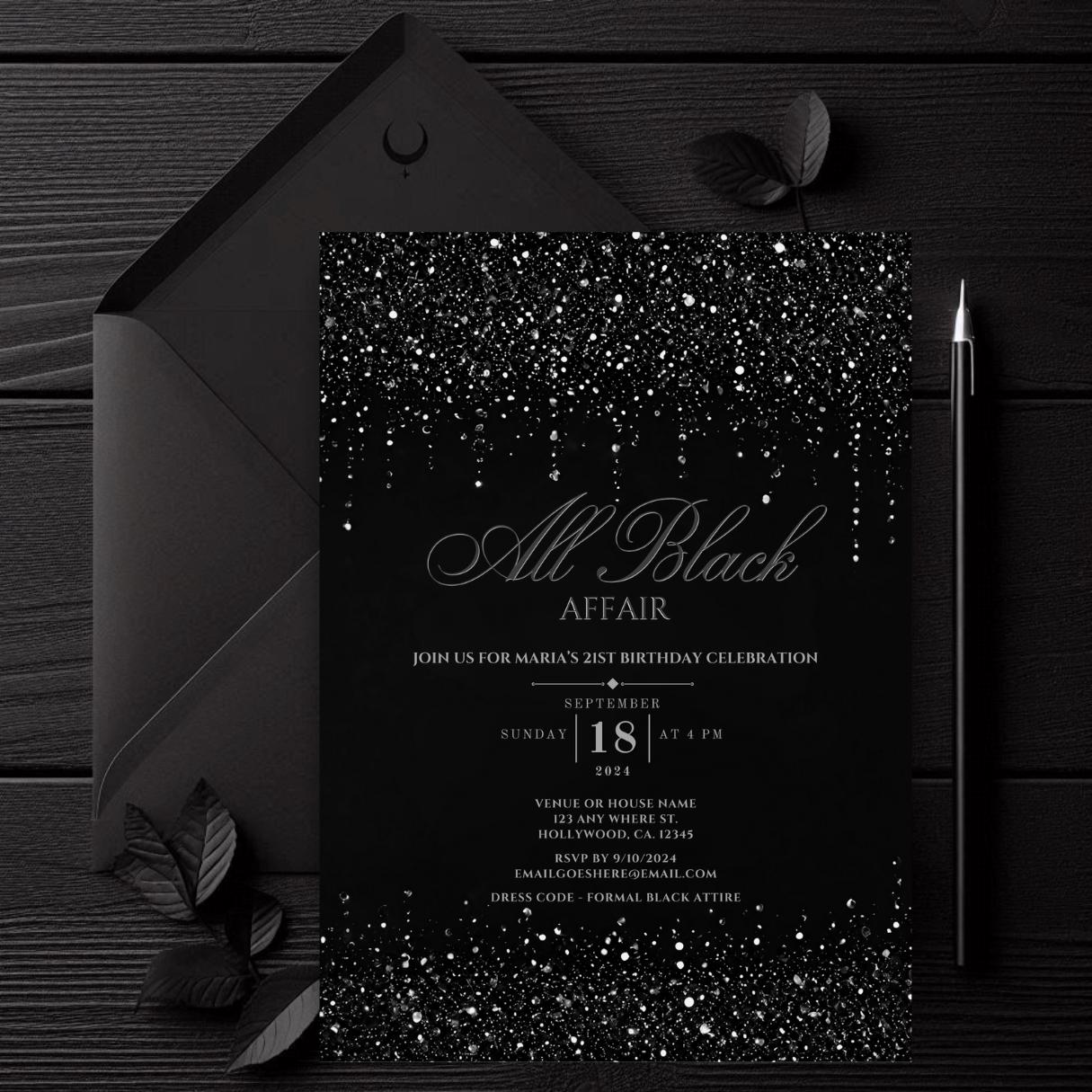 Editable All Black Affair Invitation, All Black Glitter Invite, Formal Attire, Elegant Birthday, Black Party Evite, Black Tie Invitation
