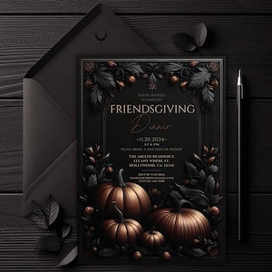 Bewerkbare Friendsgiving-dineruitnodiging, donkere pompoenen uitnodigen, herfstuitnodiging, aanpasbare canvassjabloon, afdrukbare Thanksgiving
