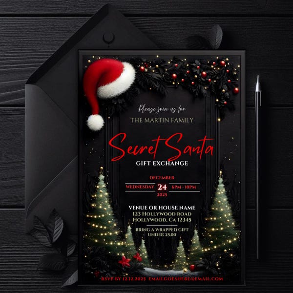 Editable Secret Santa Invitation | Black & Red Christmas Party Invite | Digital Holiday Exchange | White Elephant Evite | 5x7 Canva Template