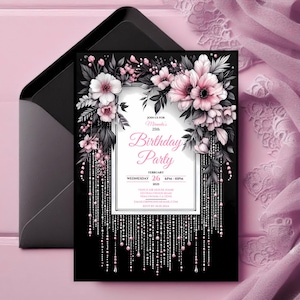 Bewerkbare uitnodiging voor verjaardagsfeestje met roze en zwarte bloemen kralen, digitale 5 x 7 elegante meisjesbloem uitnodigen, afdrukbare donkere evenement Evite, canvas.