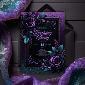 Invito per festa di compleanno viola e verde acqua modificabile, invito floreale glitterato, invito Gothic Roses, modello digitale stampabile Canva, elegante gotico,