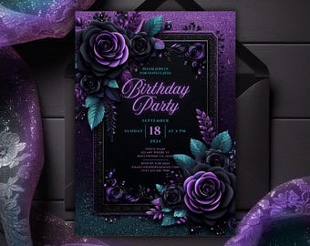 May include: Purple and black birthday party invitation with a glittery background and black roses. The text reads "Please join us for Olivia's 25th Birthday Party, Sunday September 18 at 4 PM 2024".