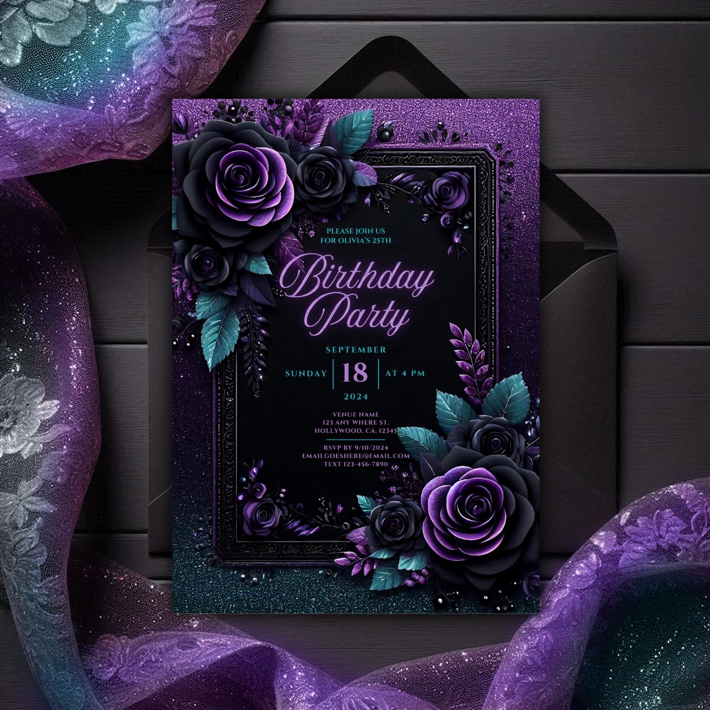 Bearbeitbare lila Geburtstagsfeier einladen, Florale Glitzereinladung, Gothic Rosen Evite, druckbare digitale Canva-Vorlage, elegantes Goth,