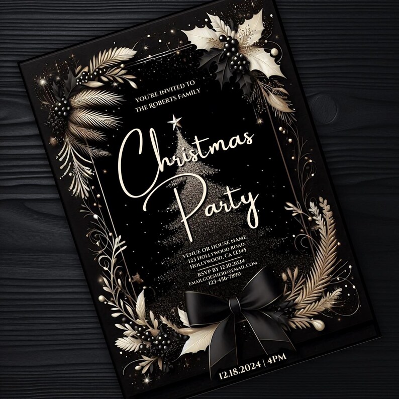elegant Christmas invitation, black gold Christmas invite, formal holiday, digital Christmas party invite, printable Christmas, holiday party, editable Christmas, black tie Christmas, elegant holiday, chic Christmas, personalized Christmas invite,
