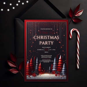 Bewerkbare elegante rode kerstfeestuitnodiging, kerstbomen winteruitnodiging, feestelijke gebeurtenis Evite, 5 x 7 digitale canvassjabloon, kerstmis.