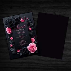 Sweet 16 invitation, Sweet sixteen party invite, Editable Sweet 16 invitation, Black pink birthday evite, Floral Sweet 16, Canva template, Digital download invitation, 16th birthday invite, Customizable birthday, quinceañera, quinceanera invite, goth