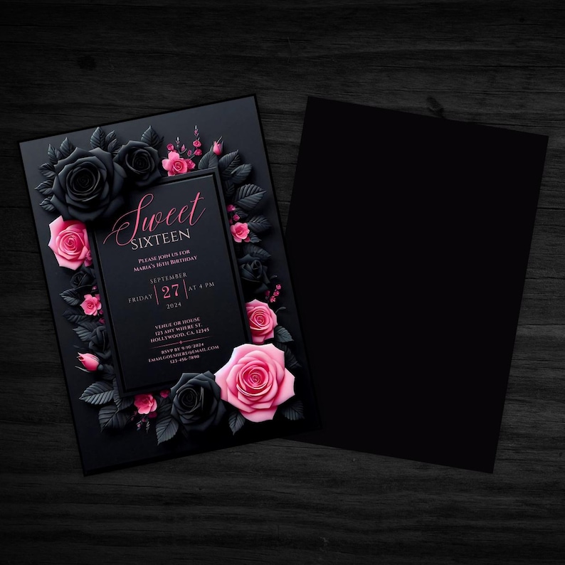 Sweet 16 invitation, Sweet sixteen party invite, Editable Sweet 16 invitation, Black pink birthday evite, Floral Sweet 16, Canva template, Digital download invitation, 16th birthday invite, Customizable birthday, quinceañera, quinceanera invite, goth