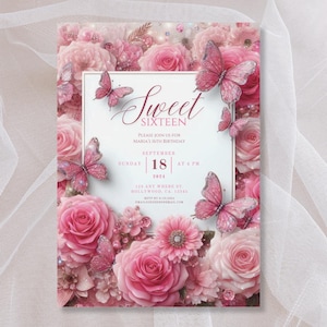 Bewerkbare Sweet Sixteen-uitnodiging | 16e verjaardagsfeestje | Blush roze bloemen Sweet Sixteen | Afdrukbare Sweet 16-uitnodigingssjabloon | Roze rozen