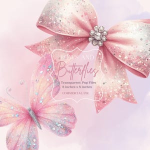 以下が含まれることがあります： ピンクのグリッターリボンと蝶のデジタルクリップアート画像8点セット。画像は20.3cm×20.3cmで、透明なPNGファイルです。画像には「Bows and Butterflies」というテキストが表示されています。