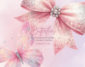 Bows and Butterflies Clipart, Glitter bows clipart, Glitter butterflies clipart,  Pink Bow, Pink Butterflies, Commercial Use, PNG clipart,