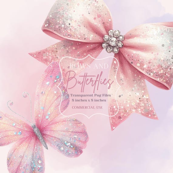 Bows and Butterflies Clipart, Glitter bows clipart, Glitter butterflies clipart,  Pink Bow, Pink Butterflies, Commercial Use, PNG clipart,