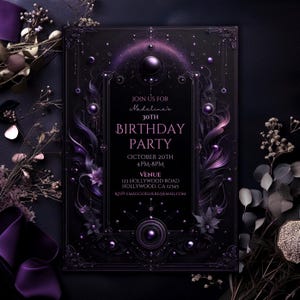 Printable Gothic Purple & Black Customizable Invitation, Birthday Invite, Halloween, Dark Fantasy, Canva Digital Download, Gothic Birthday