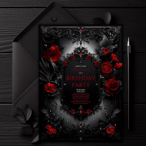 Op de afbeelding: Zwarte en rode gotische stijl verjaardagsuitnodiging met sierlijke bloemendetails en de tekst "Join us for Madeline's 21st Birthday Party 10.10.2024 6PM 12AM"