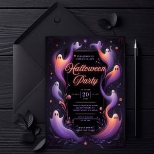 Bewerkbare spookachtige Halloween-feestuitnodiging, oranje en paars Spooky Halloween Ghost Costume-feestuitnodiging, 5 x 7 canvas-sjabloon, aanpasbaar