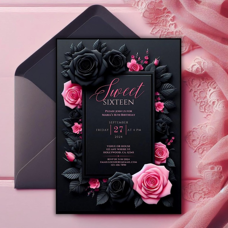 Sweet 16 invitation, Sweet sixteen party invite, Editable Sweet 16 invitation, Black pink birthday evite, Floral Sweet 16, Canva template, Digital download invitation, 16th birthday invite, Customizable birthday, quinceañera, quinceanera invite, goth