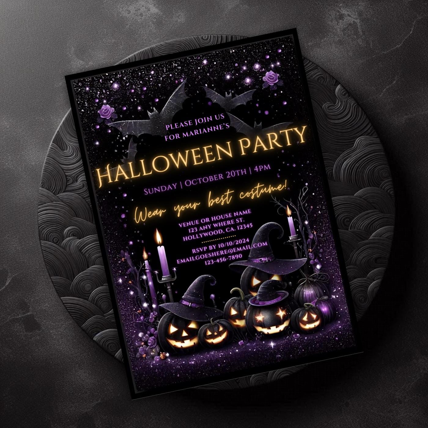 Editable Halloween Party Invitation, Purple Black Neon Jack O Lanterns ...
