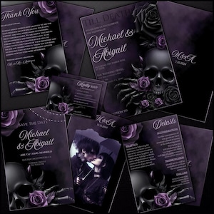 Bearbeitbare Gothic Hochzeitsreihe, schwarz und lila Einladungsset, dunkellaunischer Schädel einladen, elegante Rosen, anpassbarer digitaler Canva Download,