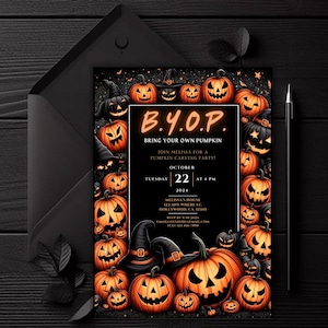 May include: Halloween party invitation with a black background and orange pumpkins with scary faces. The text reads "B.Y.O.P. Bring your own pumpkin. Join Melissa for a pumpkin carving party! Tuesday, October 22 at 4 PM 2024. Melissa's House 123 Any Where St. Hollywood, CA 12345 RSVP by 9/10/2024 EmailGoesHere@email.com Text 123-456-7890"